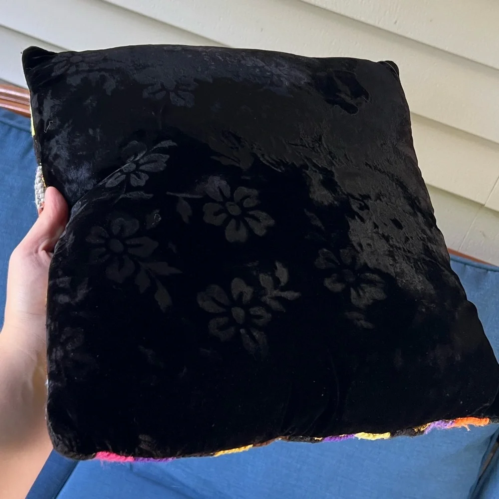 Vintage Rainbow Knit Geometric Patterned Black Velvet-Backed Throw Pillow